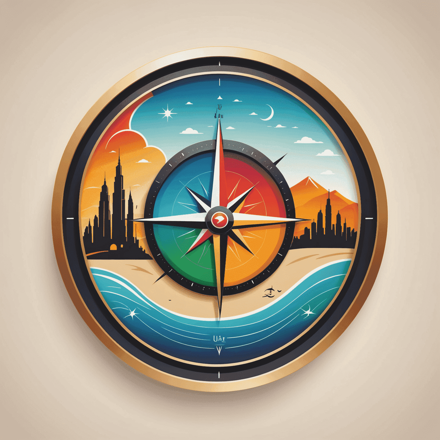 Travel View Logo - A stylized compass with vibrant colors representing different landscapes of UAE