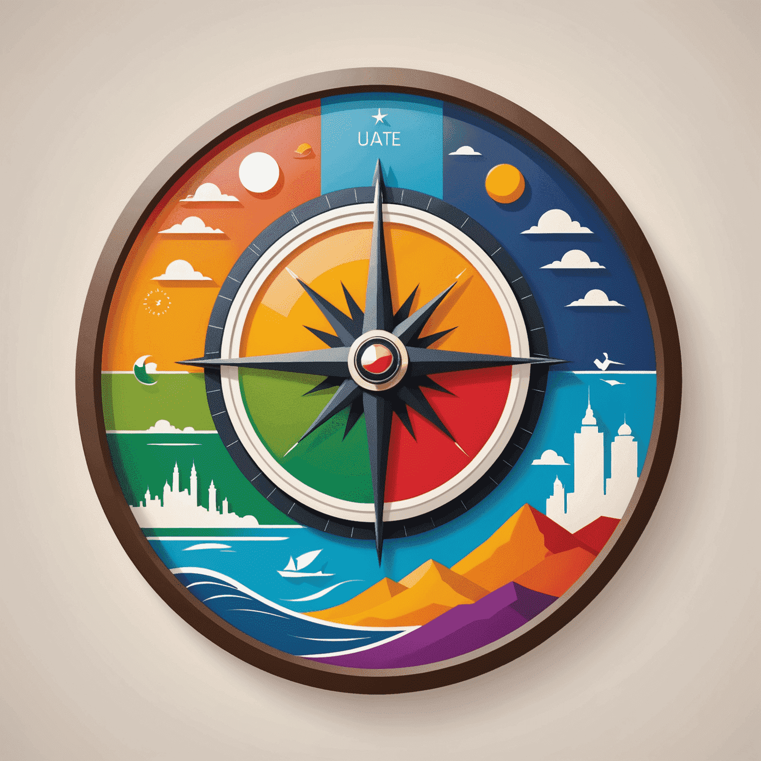 Travel View Logo - A stylized compass with vibrant colors representing different landscapes of UAE