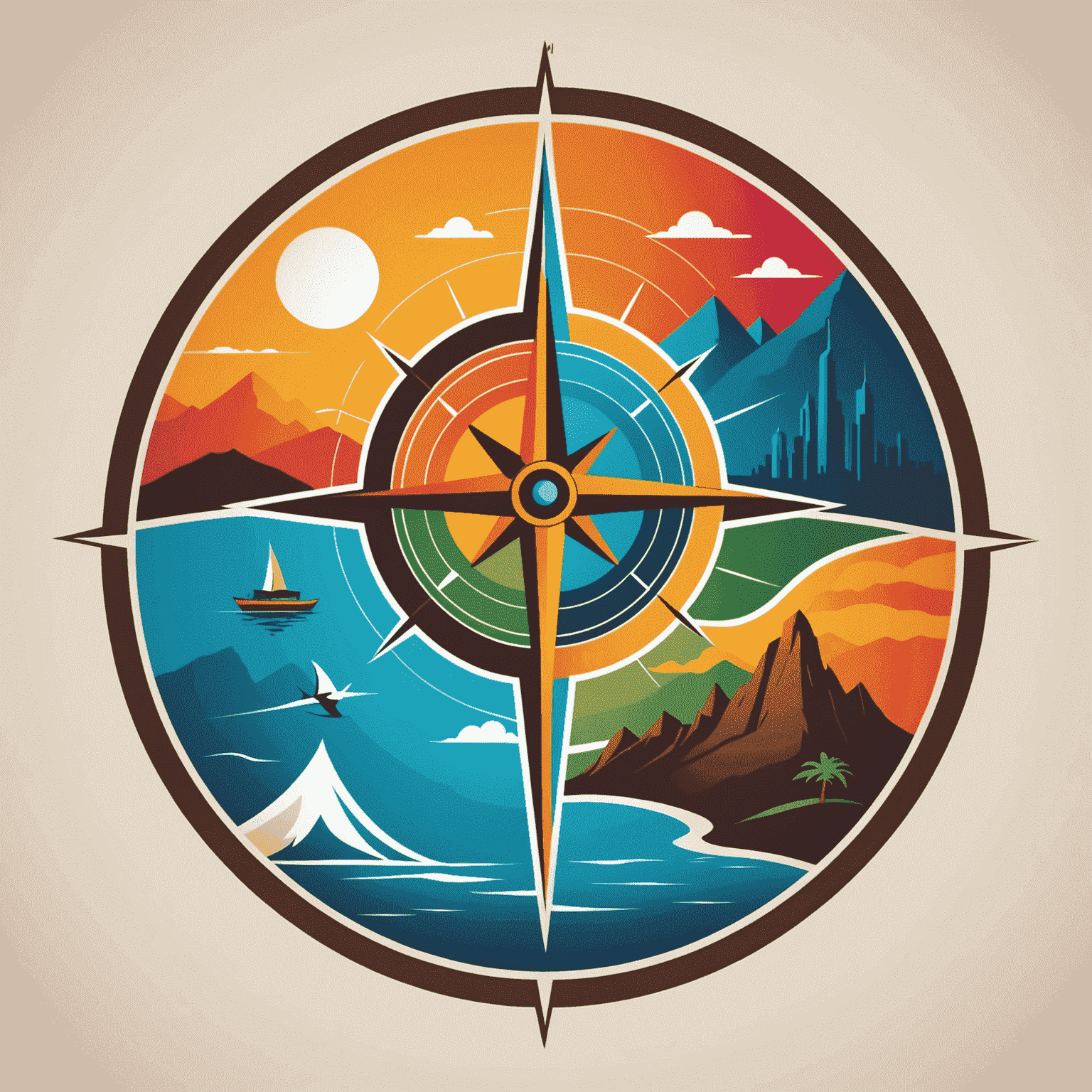 Travel View Logo - A stylized compass with vibrant colors representing different landscapes of UAE