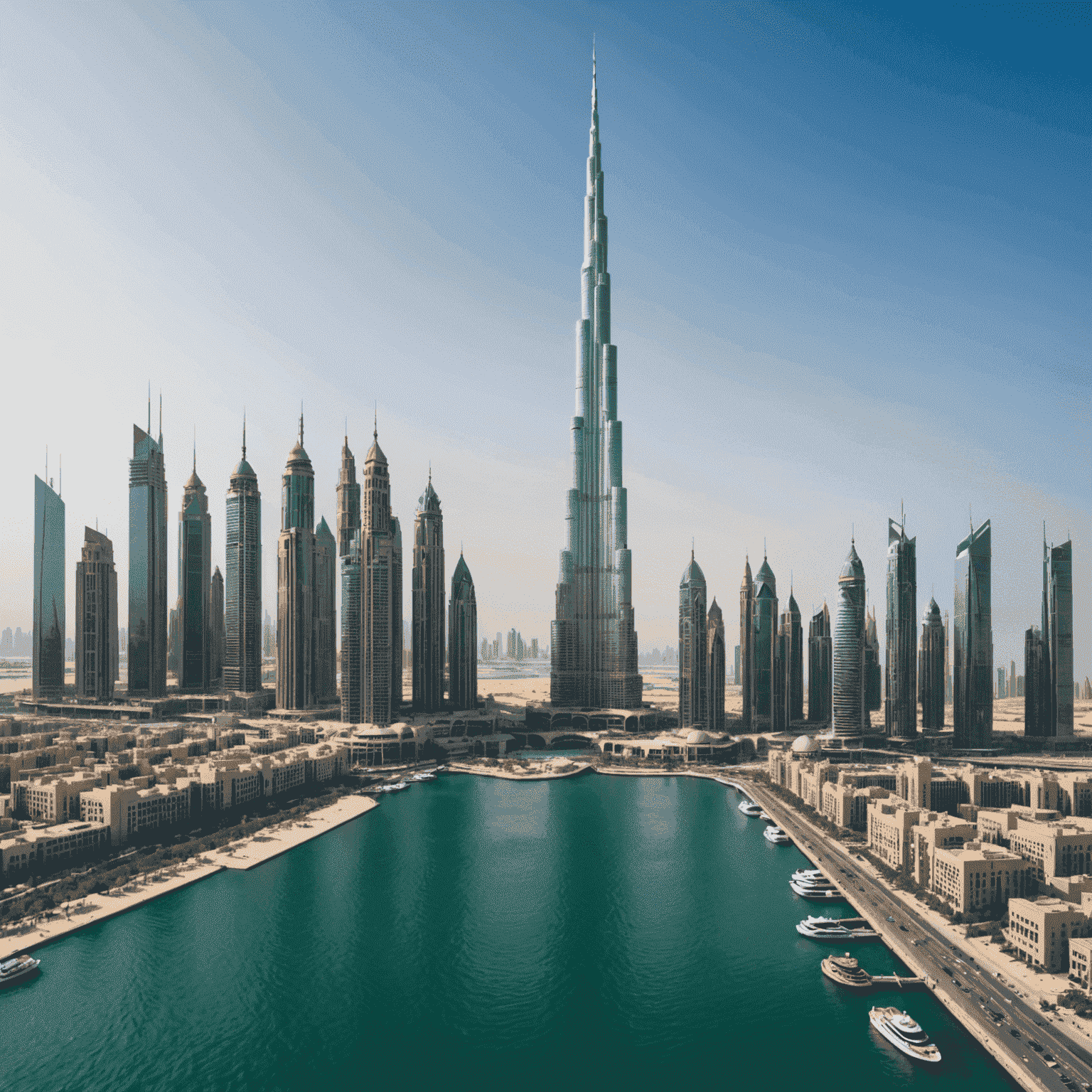 Panoramic view of Dubai skyline with Burj Khalifa in the center, surrounded by modern architecture and the calm waters of Dubai Creek