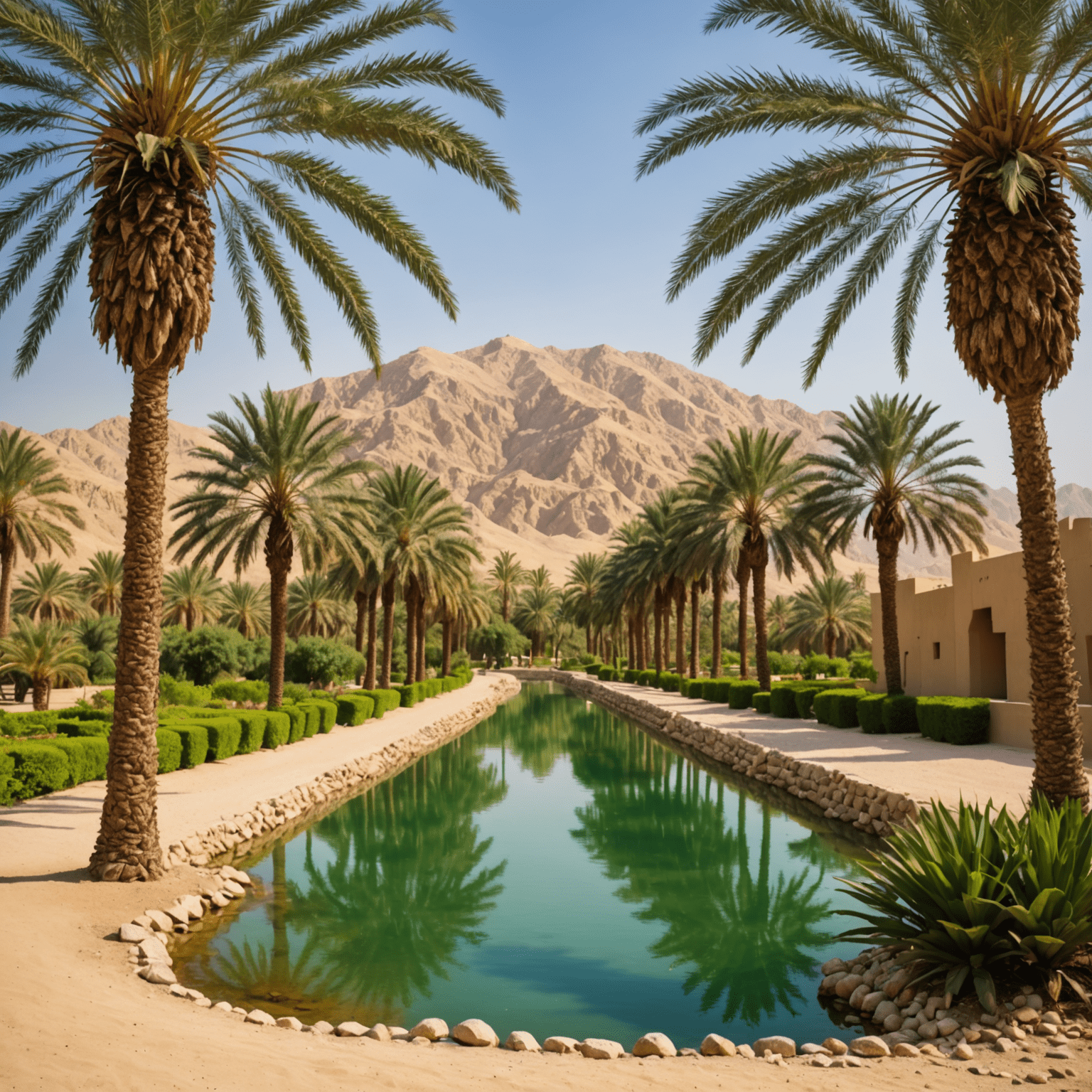 Panoramic view of Al Ain oasis with lush palm trees, traditional falaj irrigation system, and the Jebel Hafeet mountain in the background