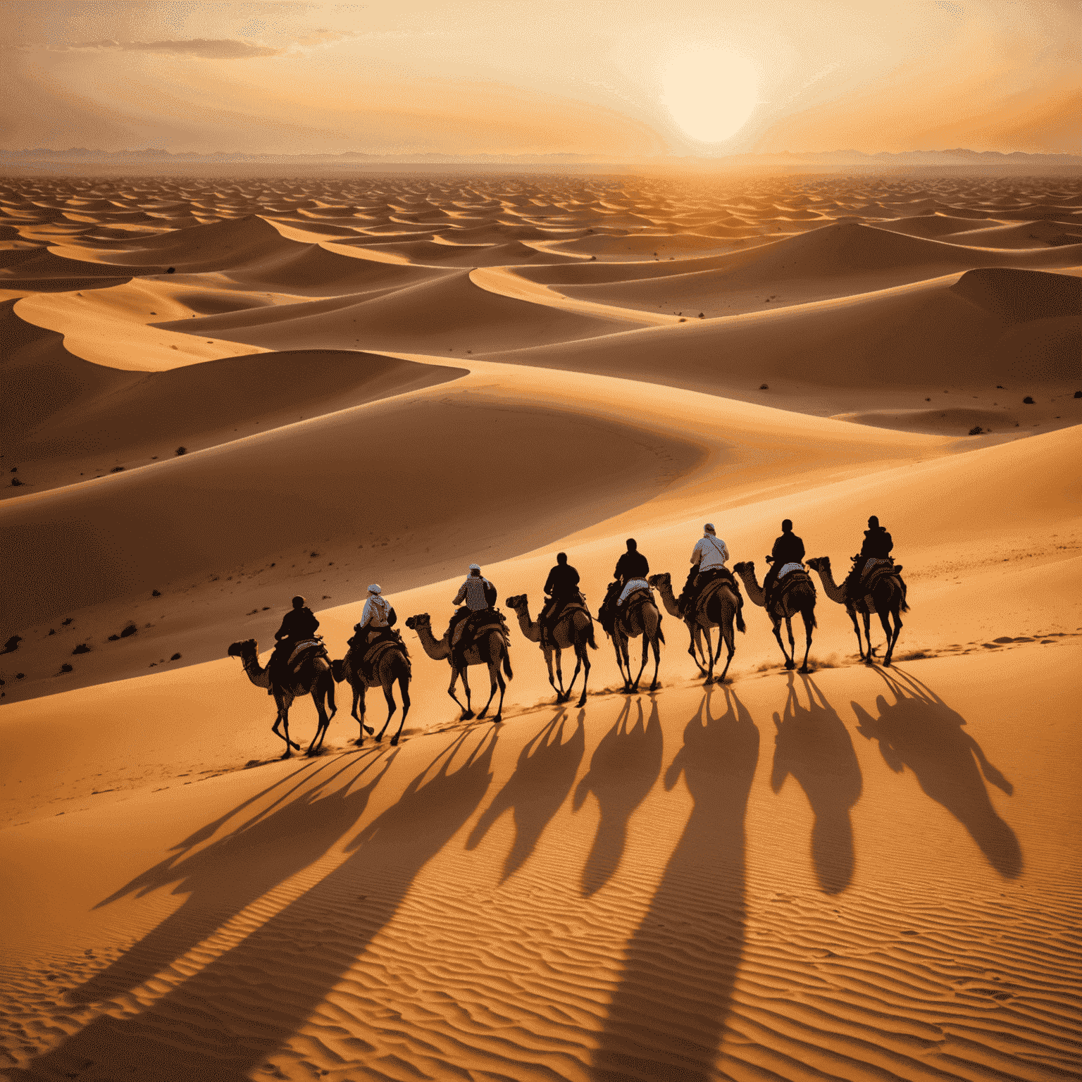 A group of tourists riding camels across golden sand dunes at sunset, with a 4x4 vehicle in the background ready for dune bashing