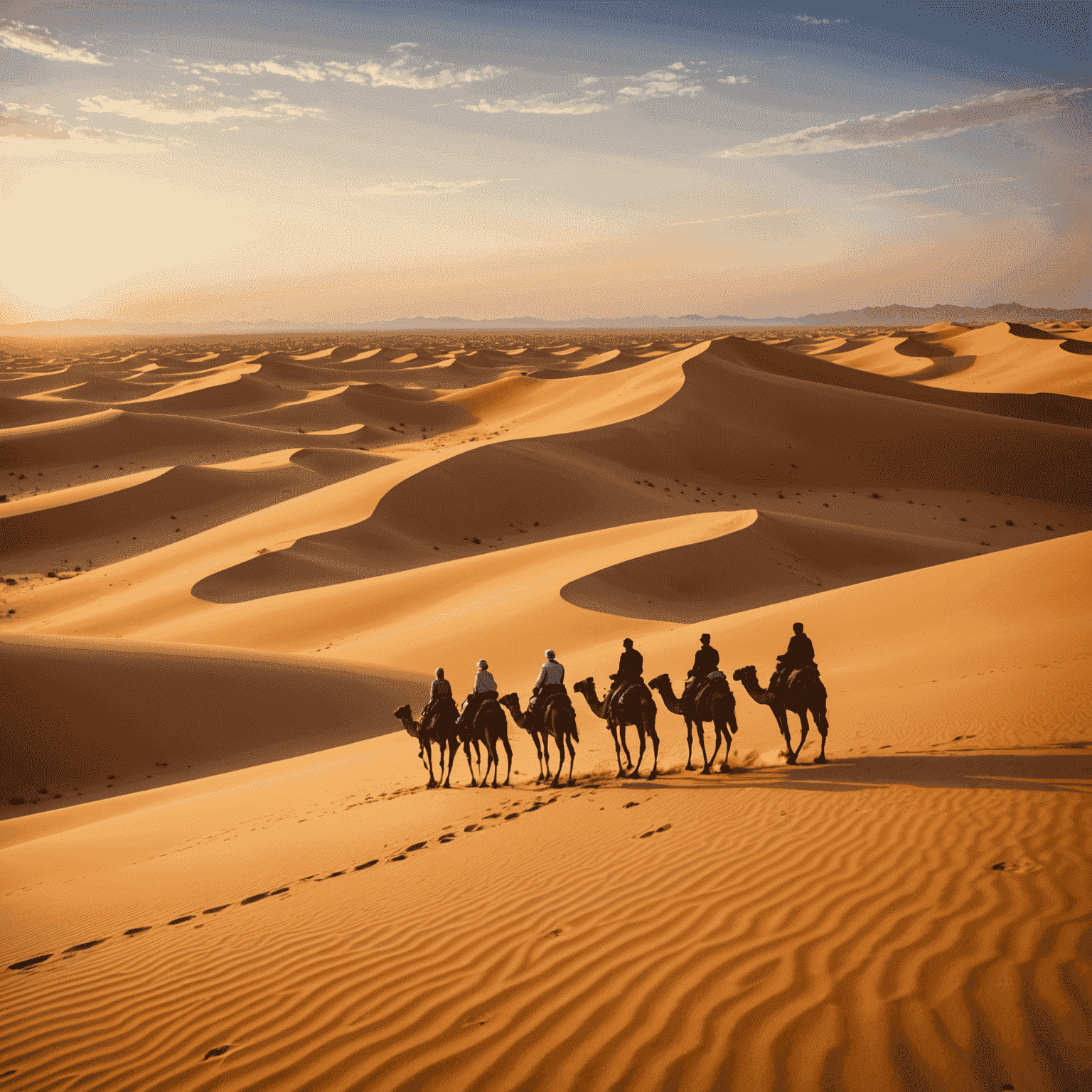 A group of tourists riding camels across golden sand dunes at sunset, with a tour guide leading the way