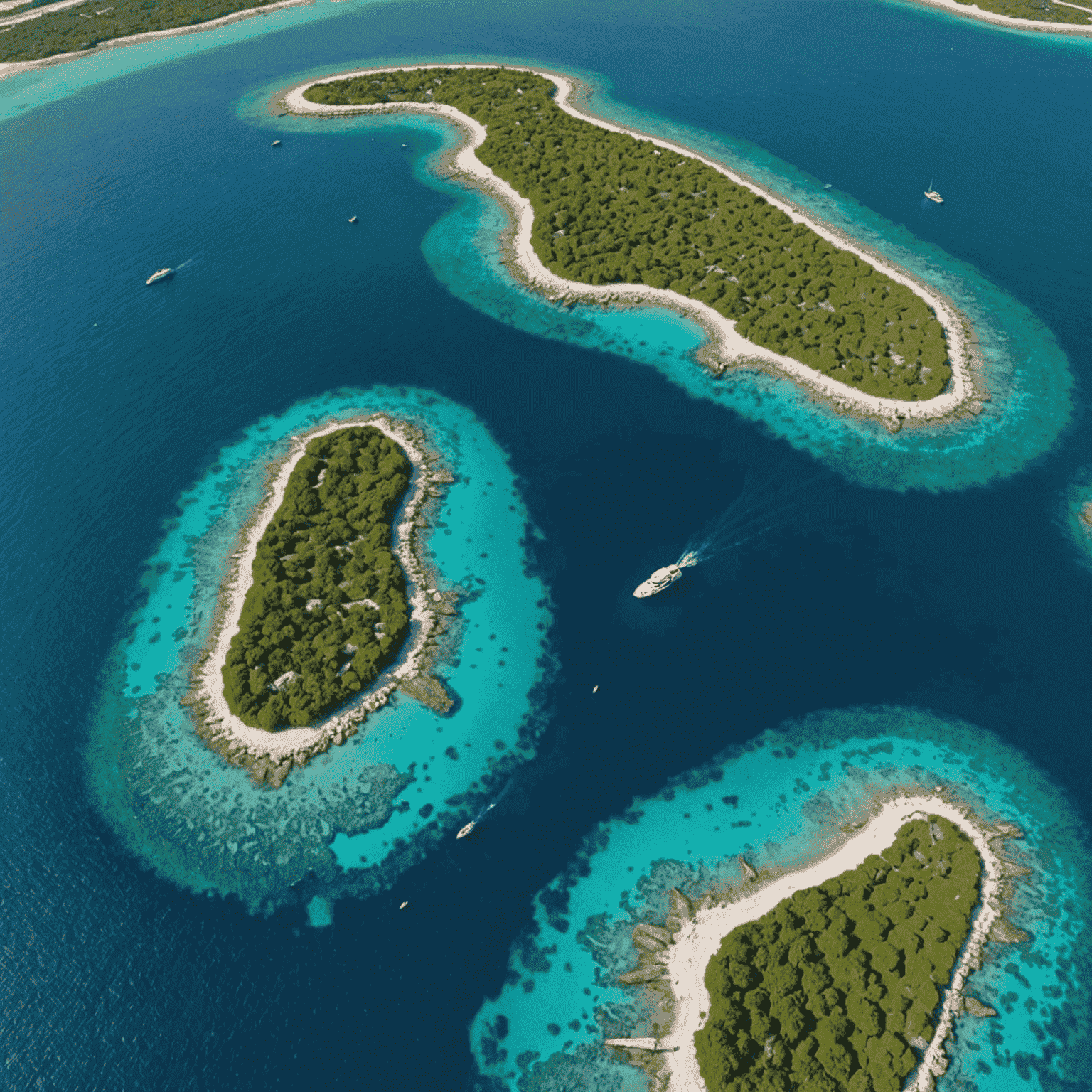 Aerial view of crystal-clear turquoise waters surrounding small islands in the UAE, perfect for diving and snorkeling adventures