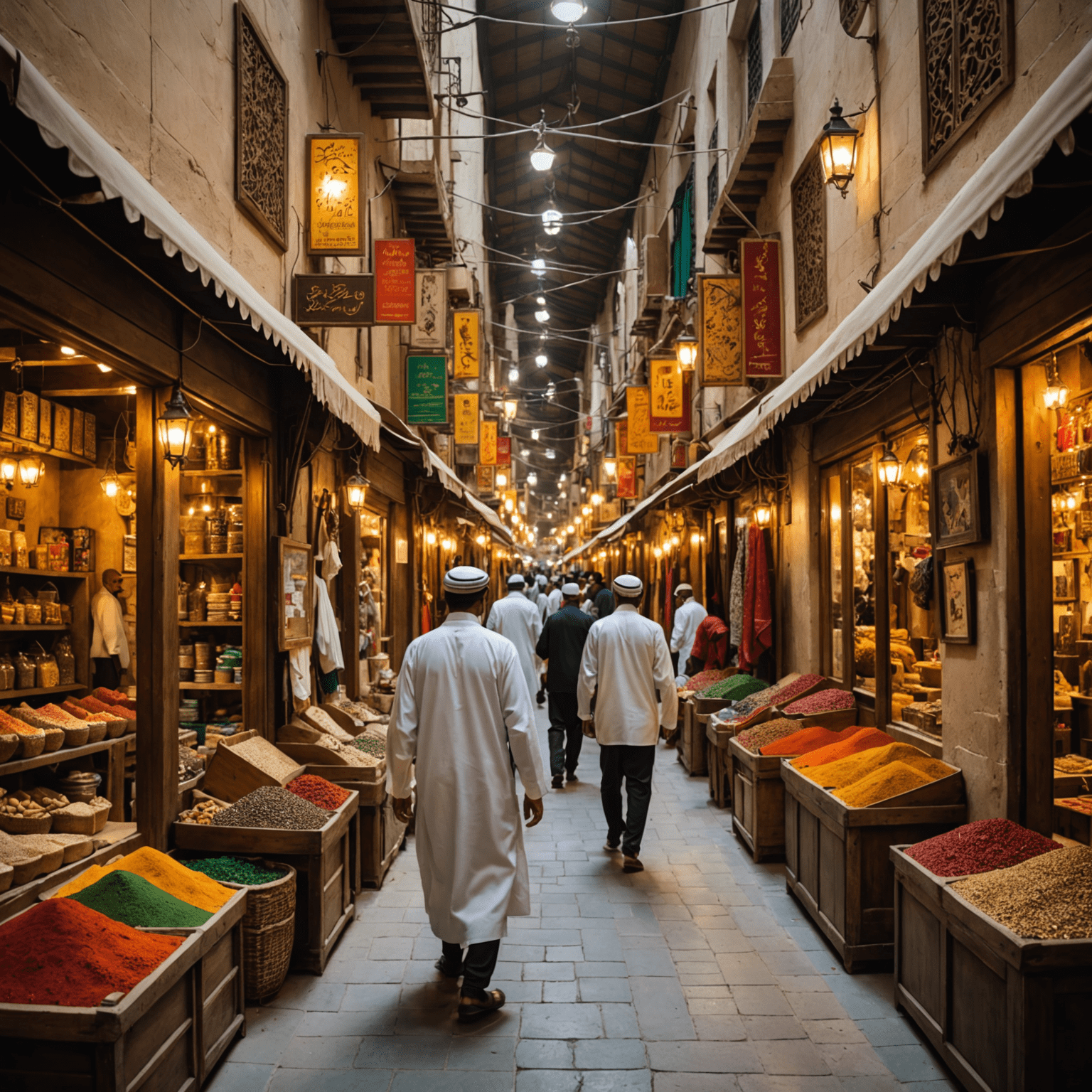 A bustling traditional souk in Dubai, filled with colorful spices, textiles, and gold shops. Locals and tourists mingle among the narrow alleys.