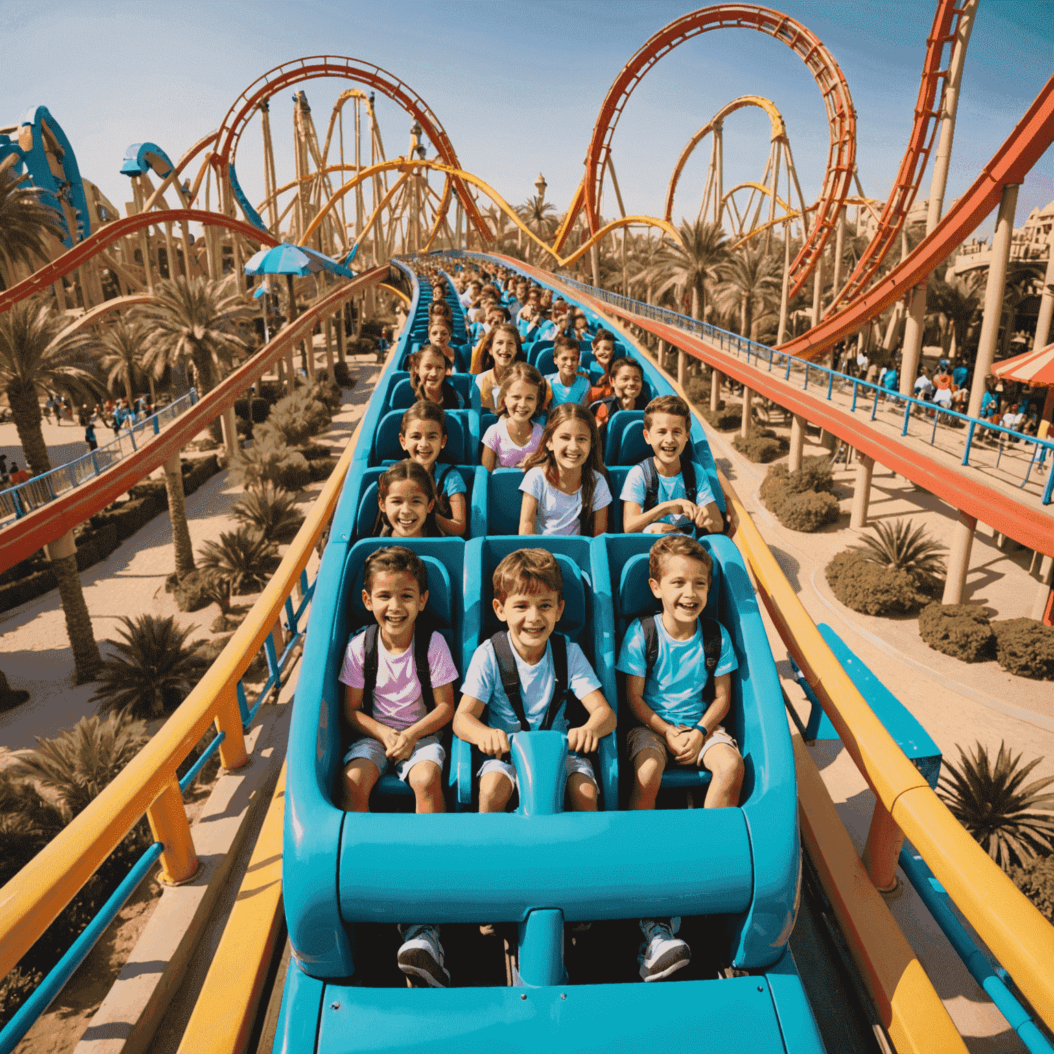 Exciting roller coaster ride at a Dubai theme park with happy visitors and colorful attractions in the background