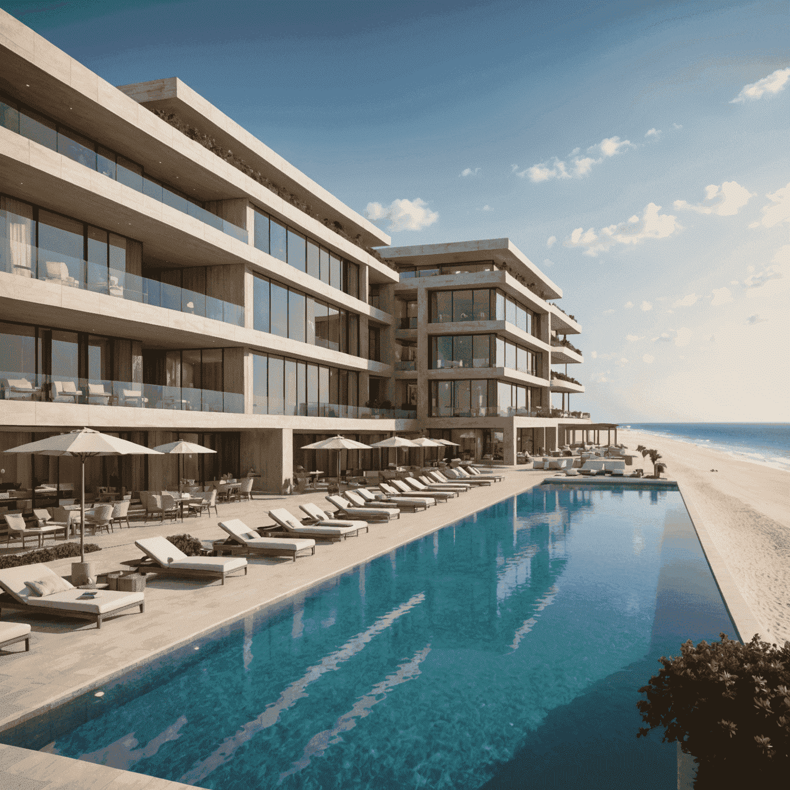 Rendering of a luxurious new hotel on Saadiyat Island, Abu Dhabi, showcasing its modern architecture and beachfront location