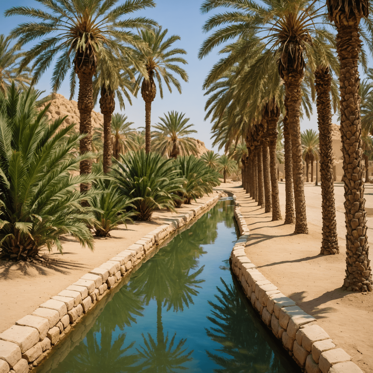 Close-up of the traditional falaj irrigation system in Al Ain oasis, showing water channels between palm trees
