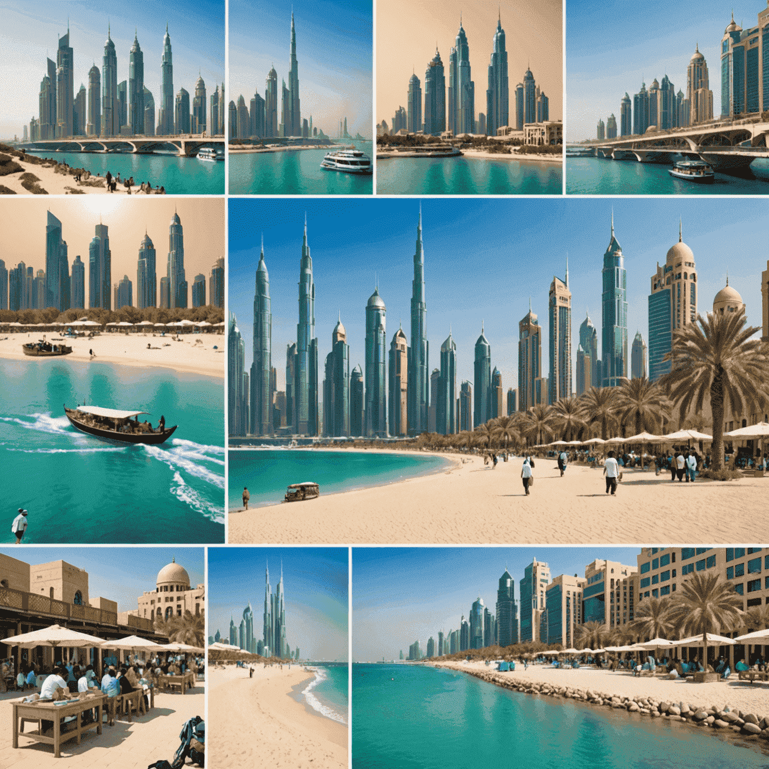 Collage of money-saving activities in UAE: public beach, Dubai Metro, local souk, and shoulder season cityscape