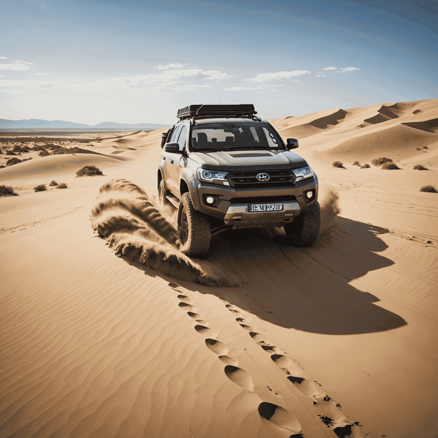 A 4x4 vehicle skillfully navigating steep sand dunes, kicking up sand in its wake