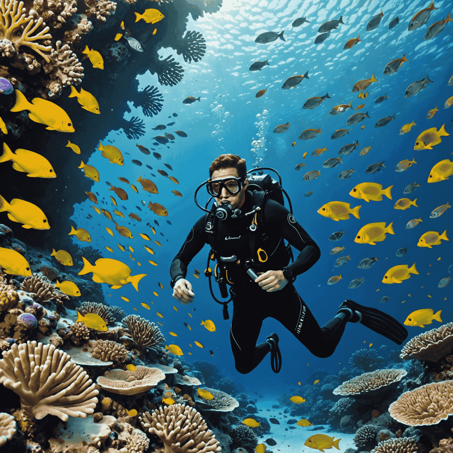 Scuba diver exploring vibrant coral reefs teeming with colorful fish in the waters off the UAE coast