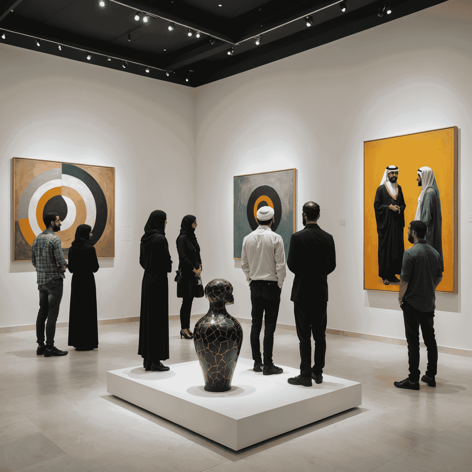 A modern art gallery in Abu Dhabi showcasing contemporary Emirati artwork, with visitors admiring large abstract paintings and sculptures.