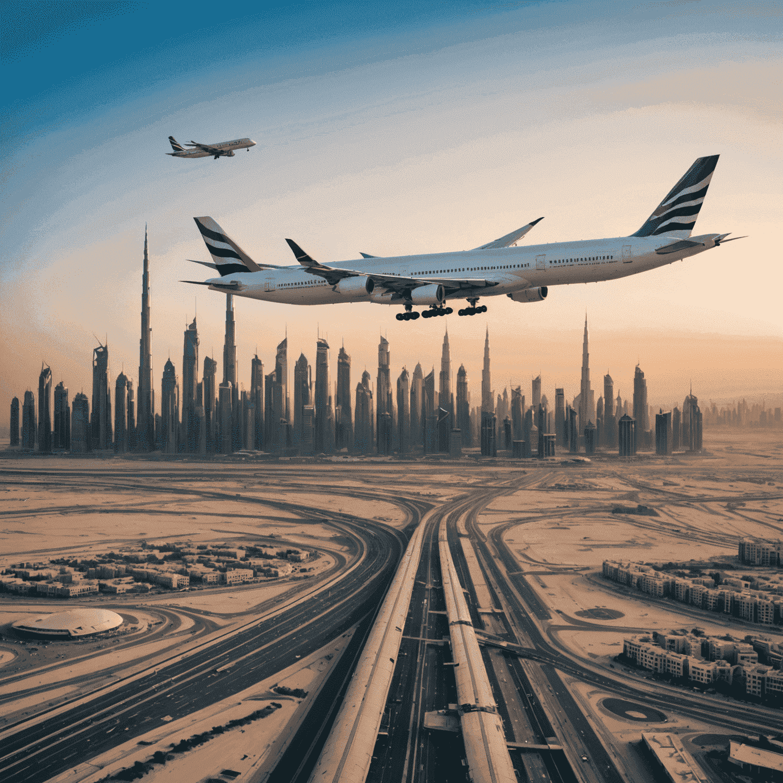Airplane taking off with Dubai skyline in the background, representing breaking travel news in the UAE