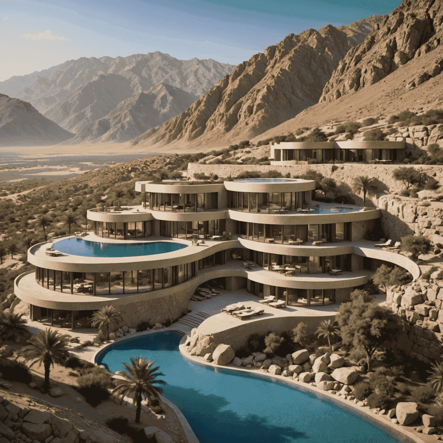 Eco-friendly resort nestled in the Hajar Mountains of Ras Al Khaimah, showcasing sustainable architecture blending with the natural landscape
