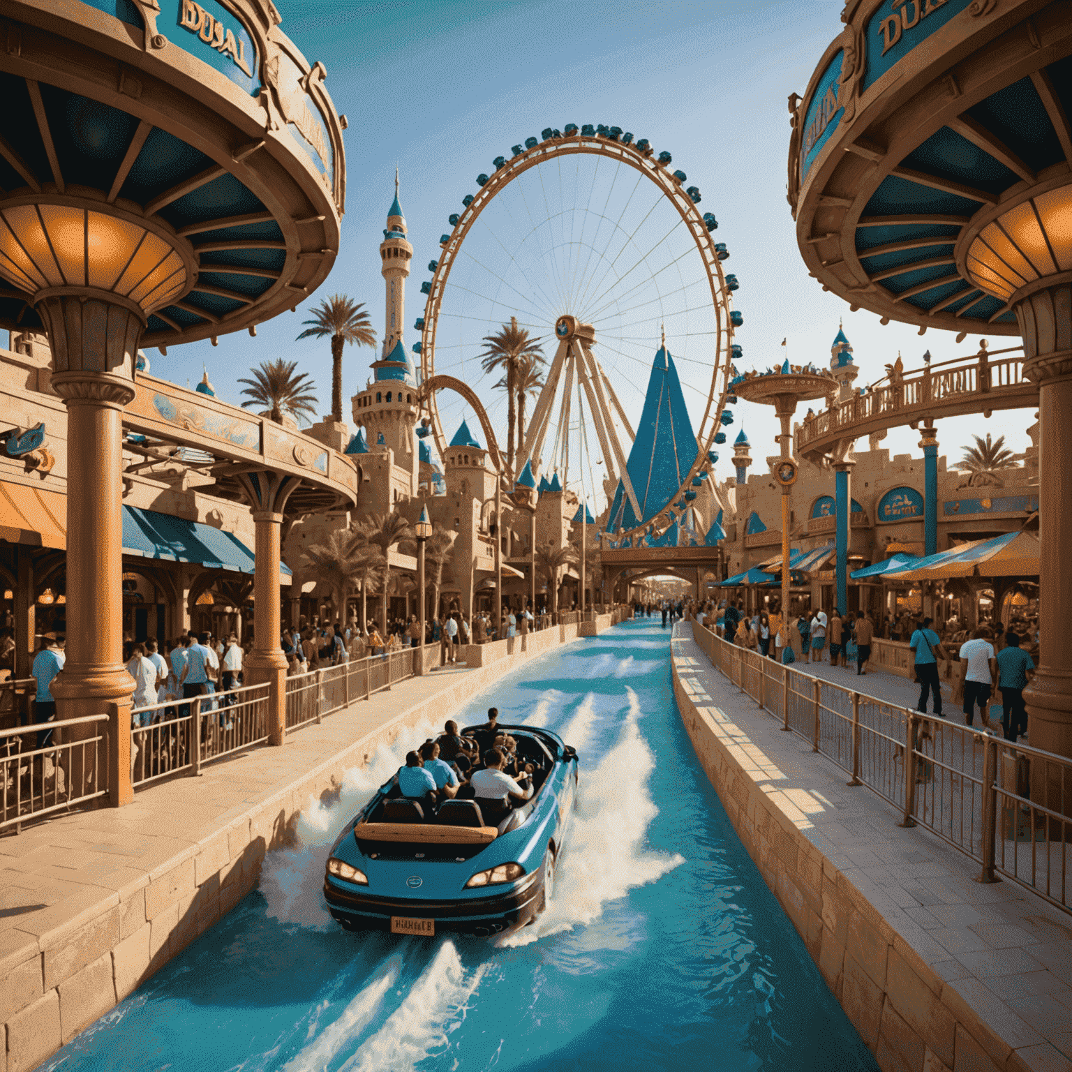 Exciting scene from a Dubai theme park, showcasing thrilling rides and colorful attractions