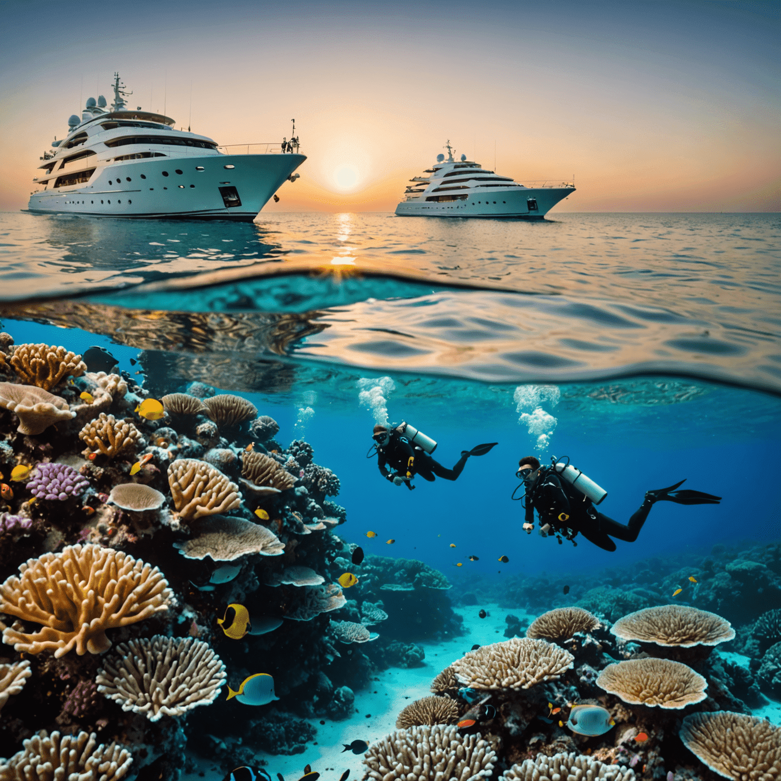 A split image showing scuba divers exploring a vibrant coral reef and a luxury yacht cruising along the UAE coastline at sunset
