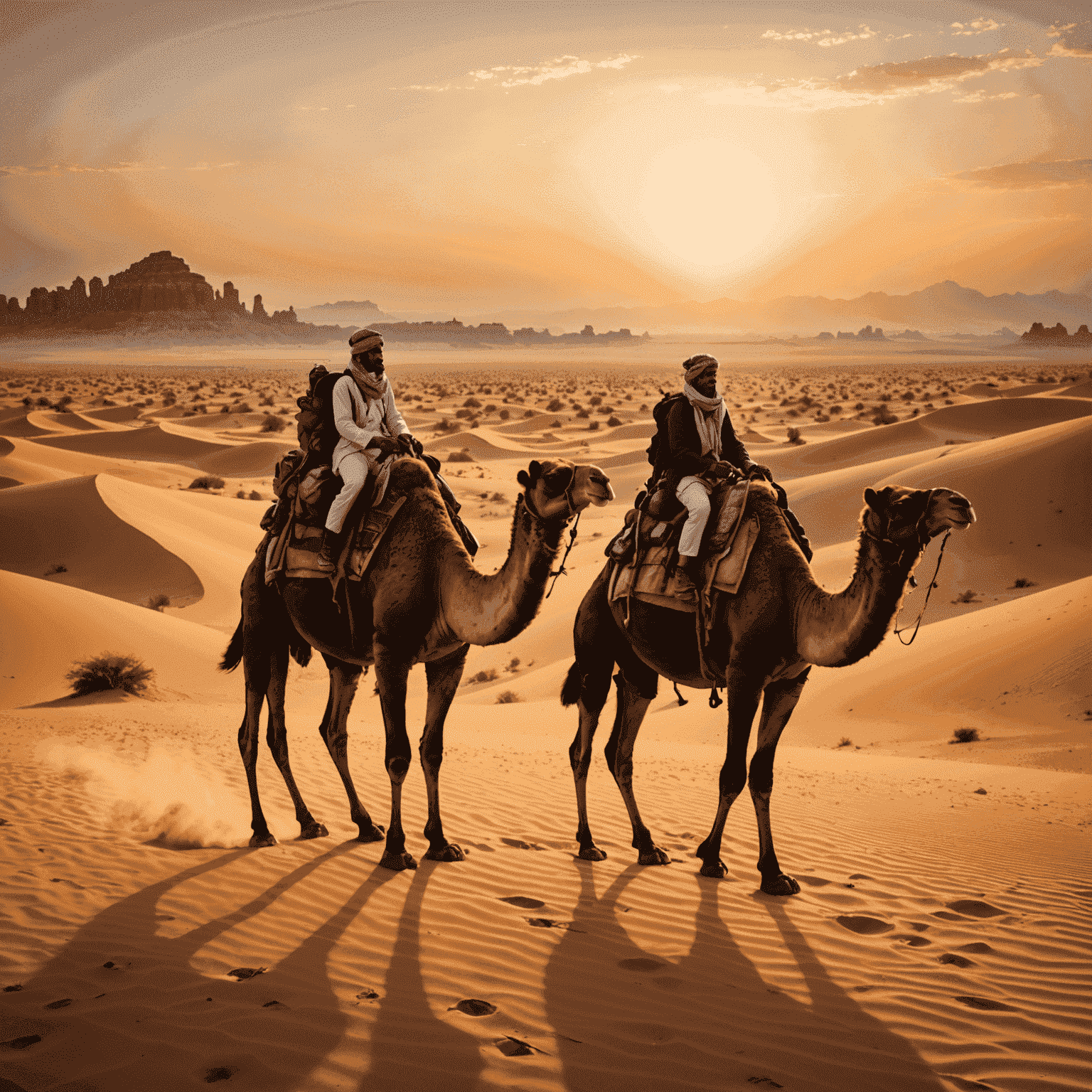 Tourists enjoying a peaceful camel ride across the desert, with the sun setting in the background