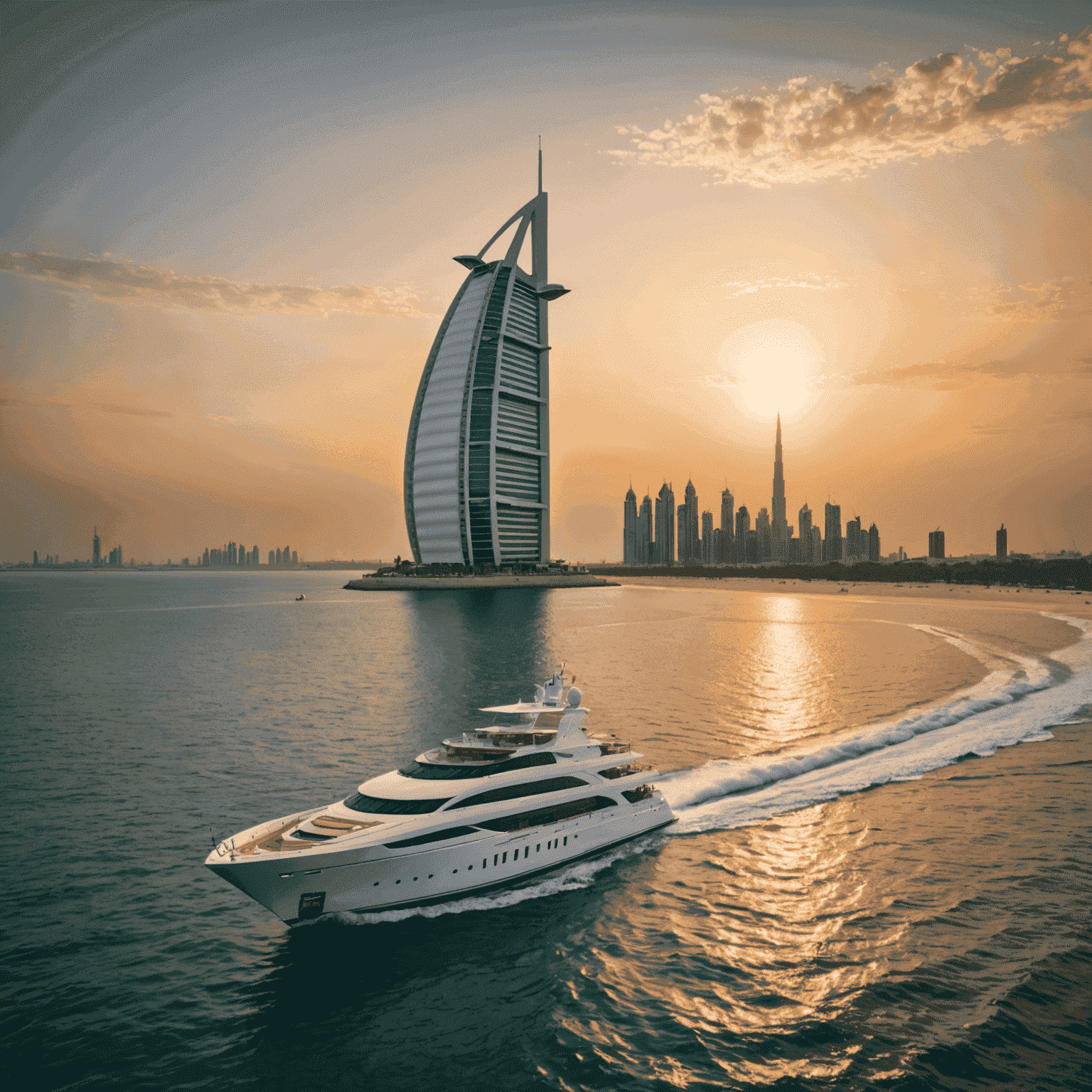 Luxurious yacht sailing along the Dubai coastline with the iconic Burj Al Arab in the background during a golden sunset