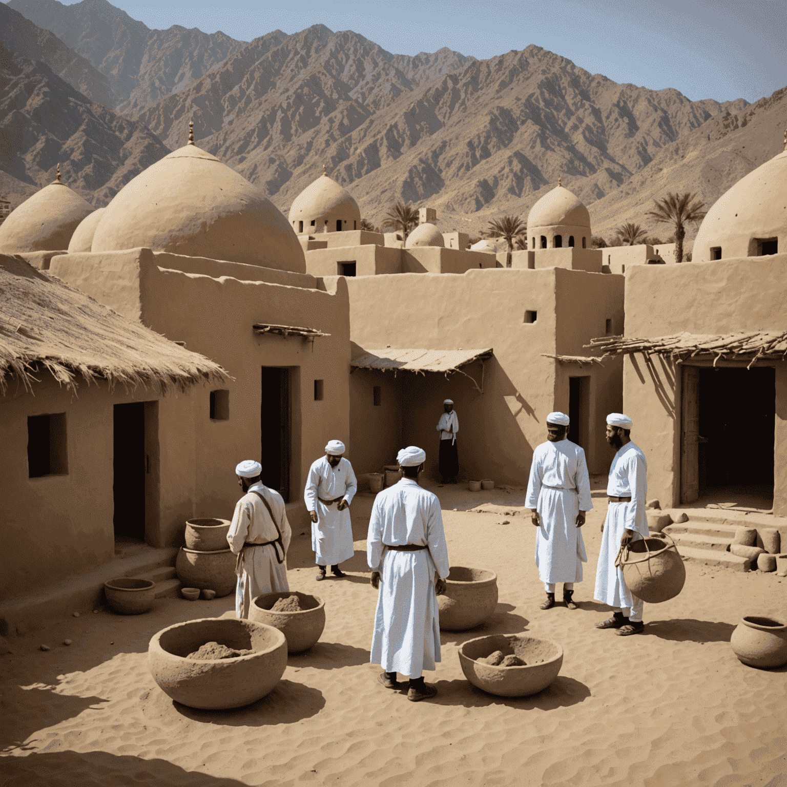 A reconstructed heritage village in Fujairah, showing traditional mud-brick houses, a mosque, and artisans demonstrating traditional crafts.