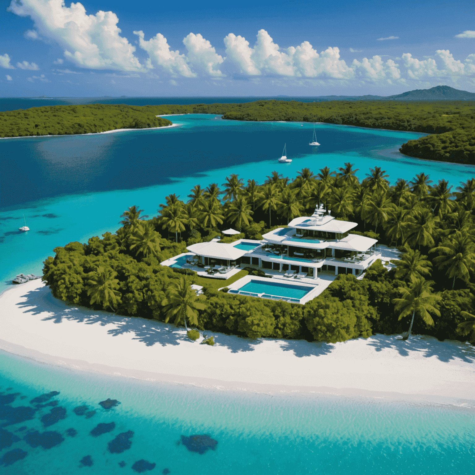A secluded private island with a single luxurious villa, surrounded by white sandy beaches and turquoise waters. A private yacht is anchored nearby.