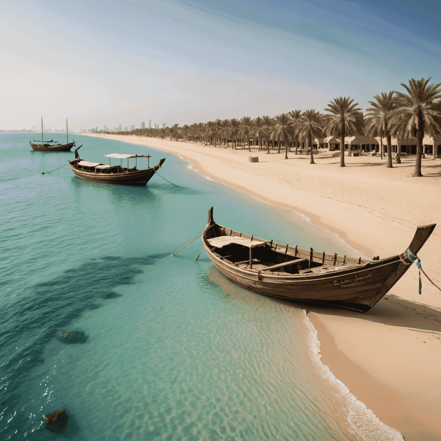 Panoramic view of a beautiful Emirati beach with traditional dhows, showcasing a featured destination