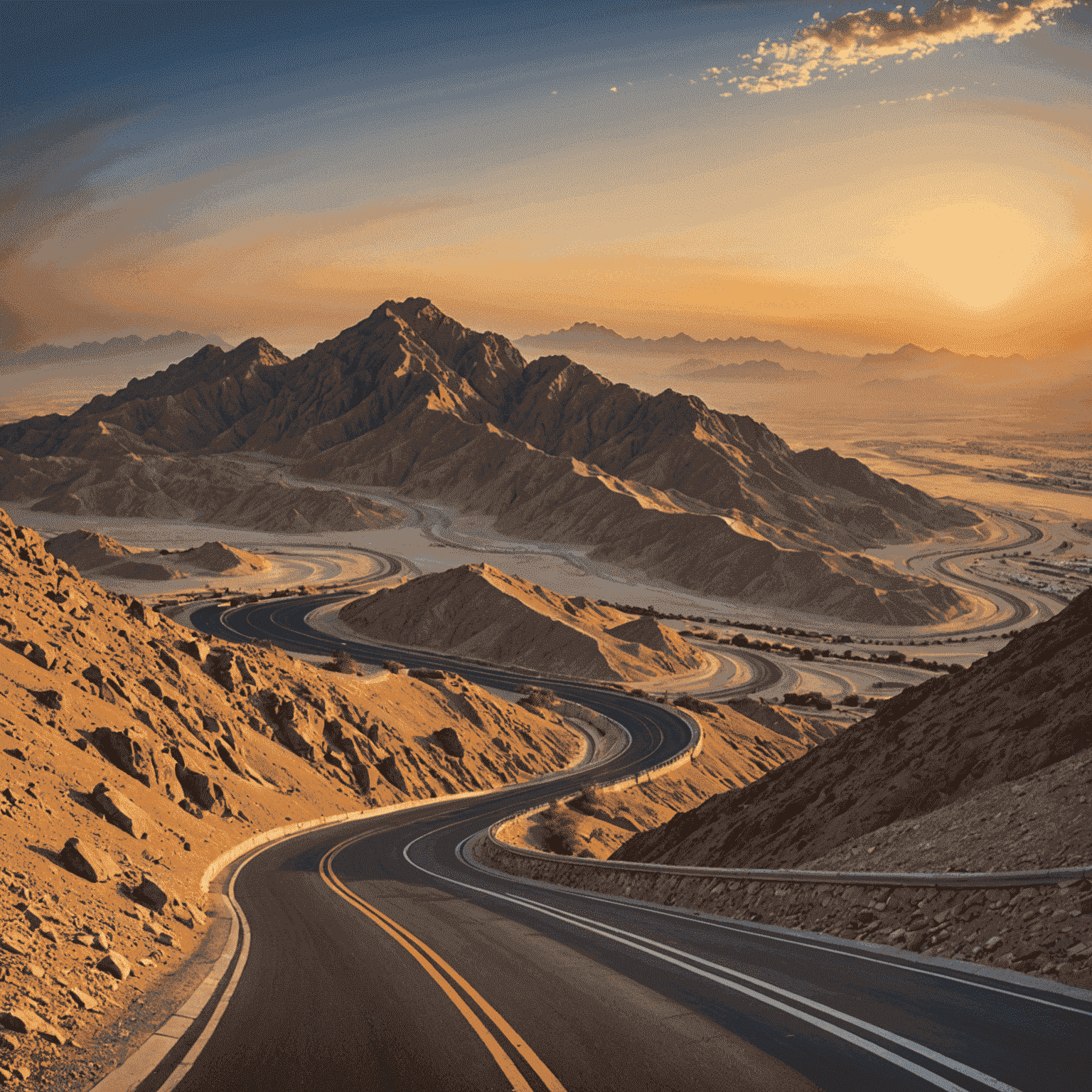 Sunset view of Jebel Hafeet mountain with the winding road leading to its summit