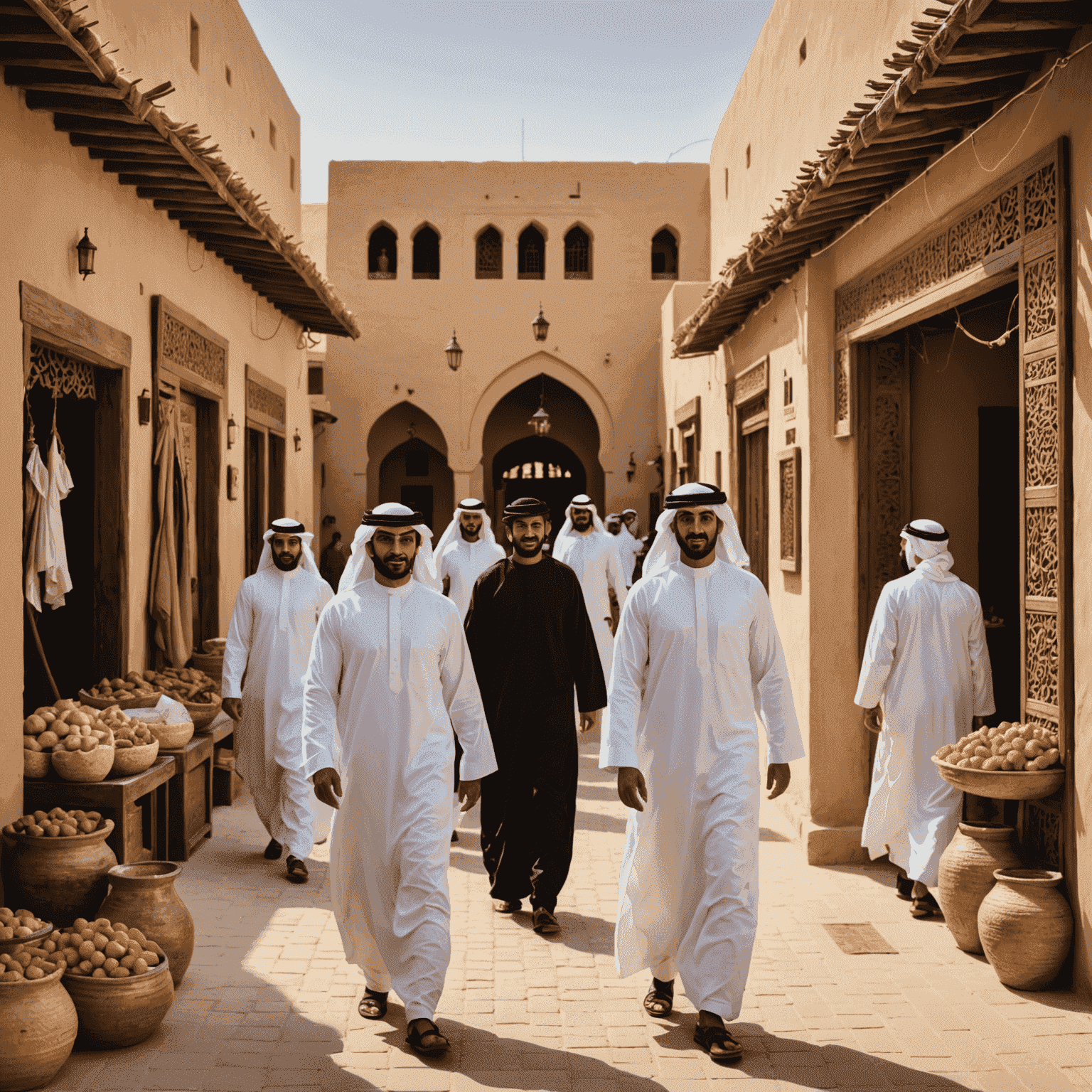 A montage of Emirati cultural scenes including a traditional souk, an art gallery showcasing local artwork, and a heritage village with people in traditional dress