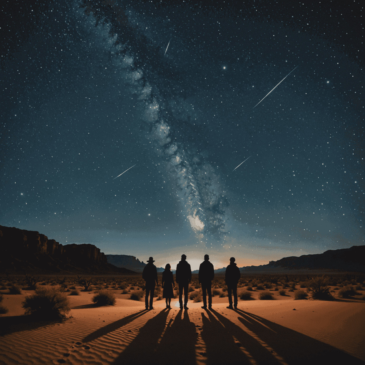 A clear night sky filled with stars over the desert, with silhouettes of people gazing upwards