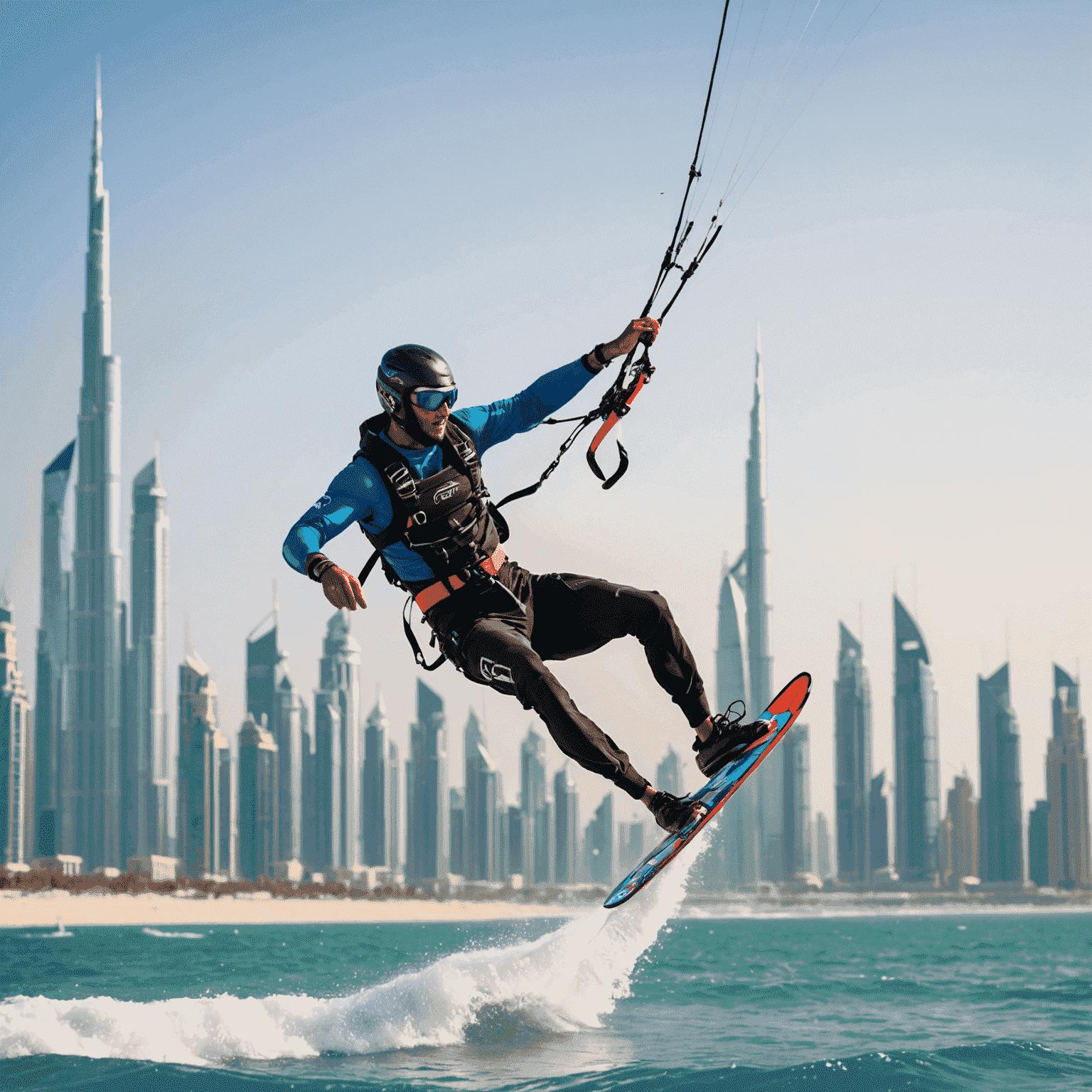 Action shot of a person kitesurfing with high jumps against the backdrop of Dubai's futuristic skyline
