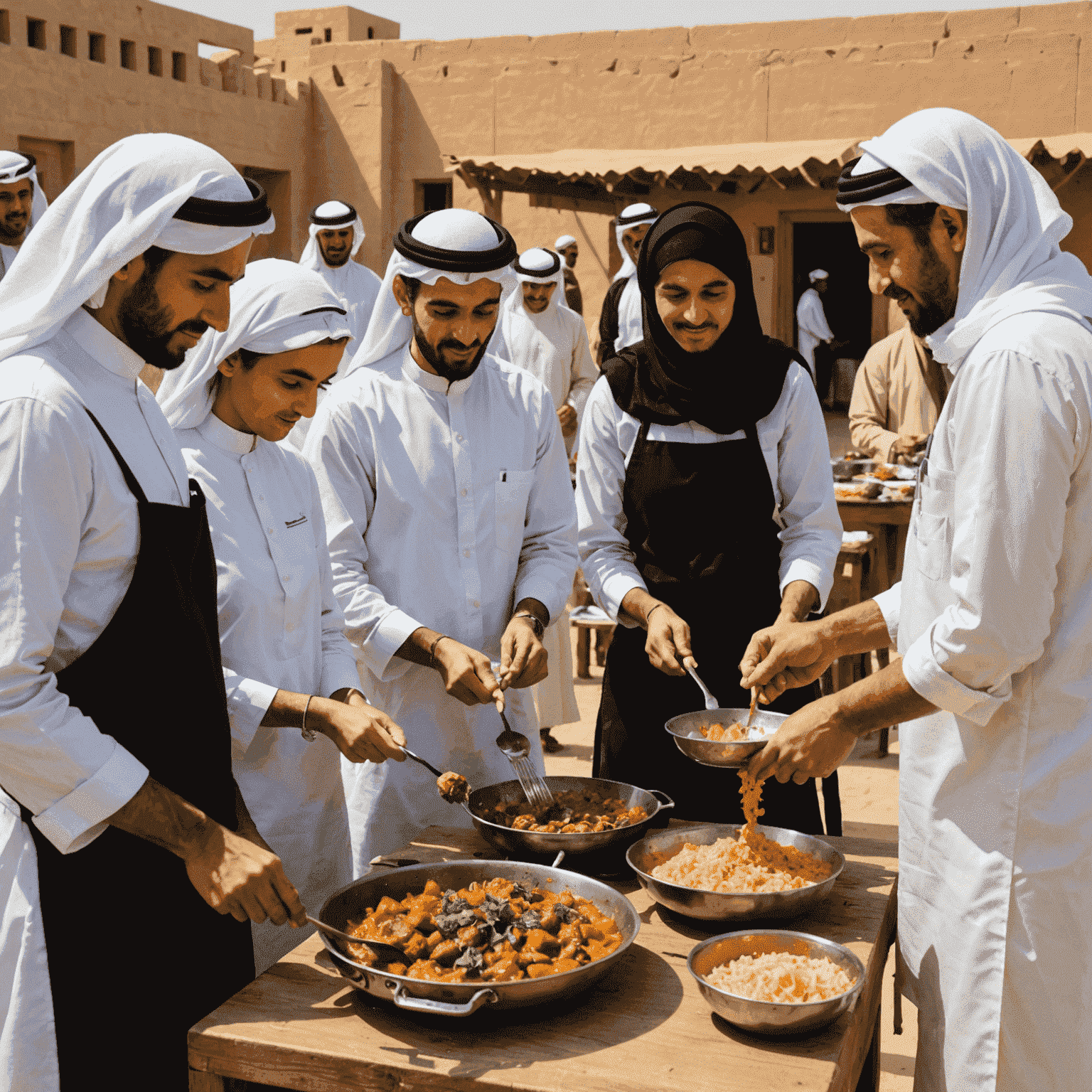 A group of tourists participating in a traditional Emirati cooking class, learning to make local dishes like machboos and luqaimat.