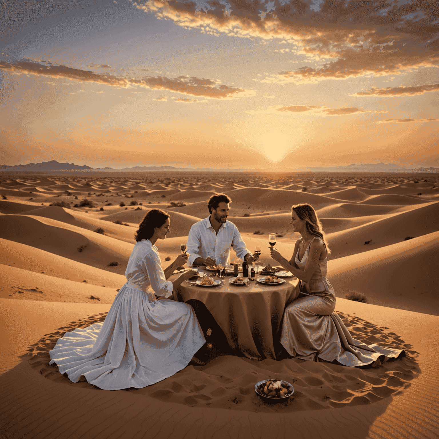 A couple enjoying a private sunset dinner on a desert dune, with a personal chef preparing gourmet dishes and a musician playing soft melodies in the background.