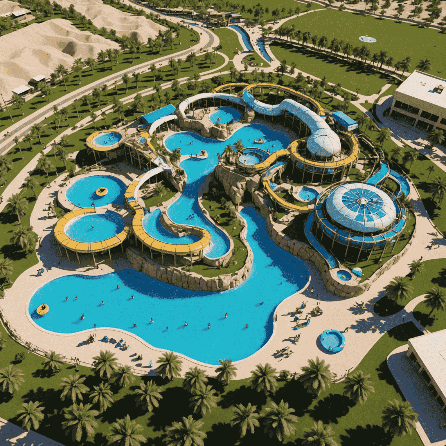 Aerial view of Wadi Adventure park showing the artificial whitewater rafting course and wave pool