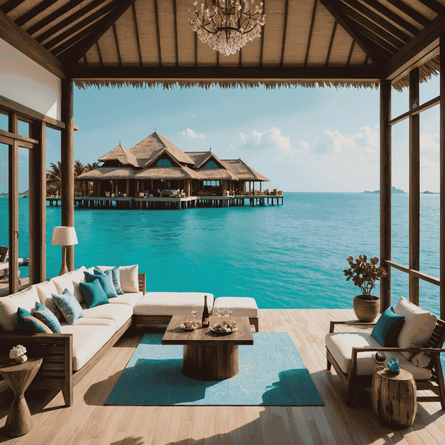 A luxurious overwater villa in a private island resort, with a butler serving champagne on a terrace overlooking the turquoise waters of the Arabian Gulf