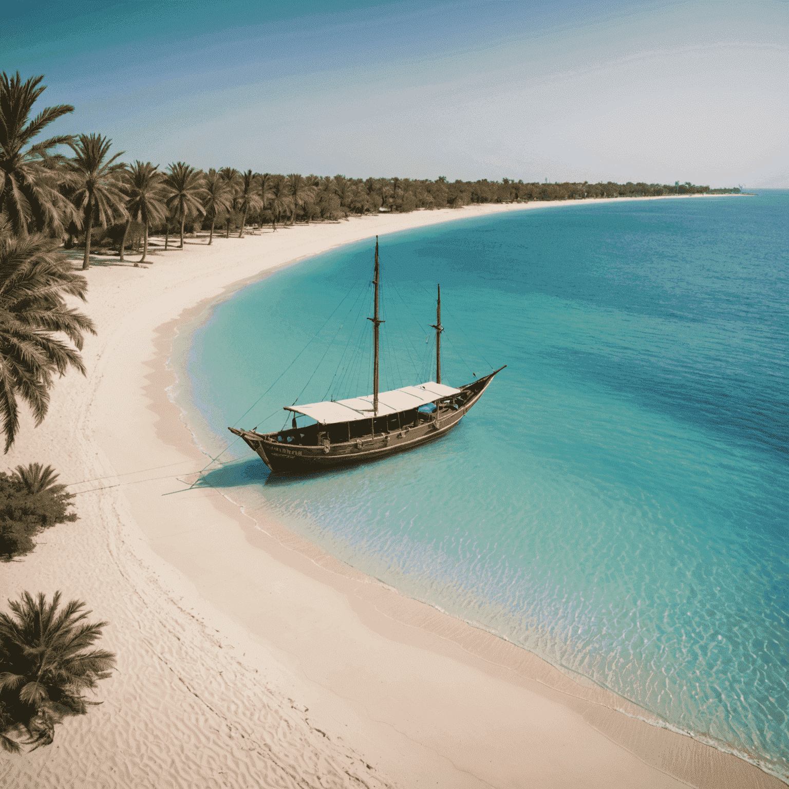 A traditional dhow boat approaching a pristine beach on one of UAE's lesser-known islands, surrounded by crystal-clear waters
