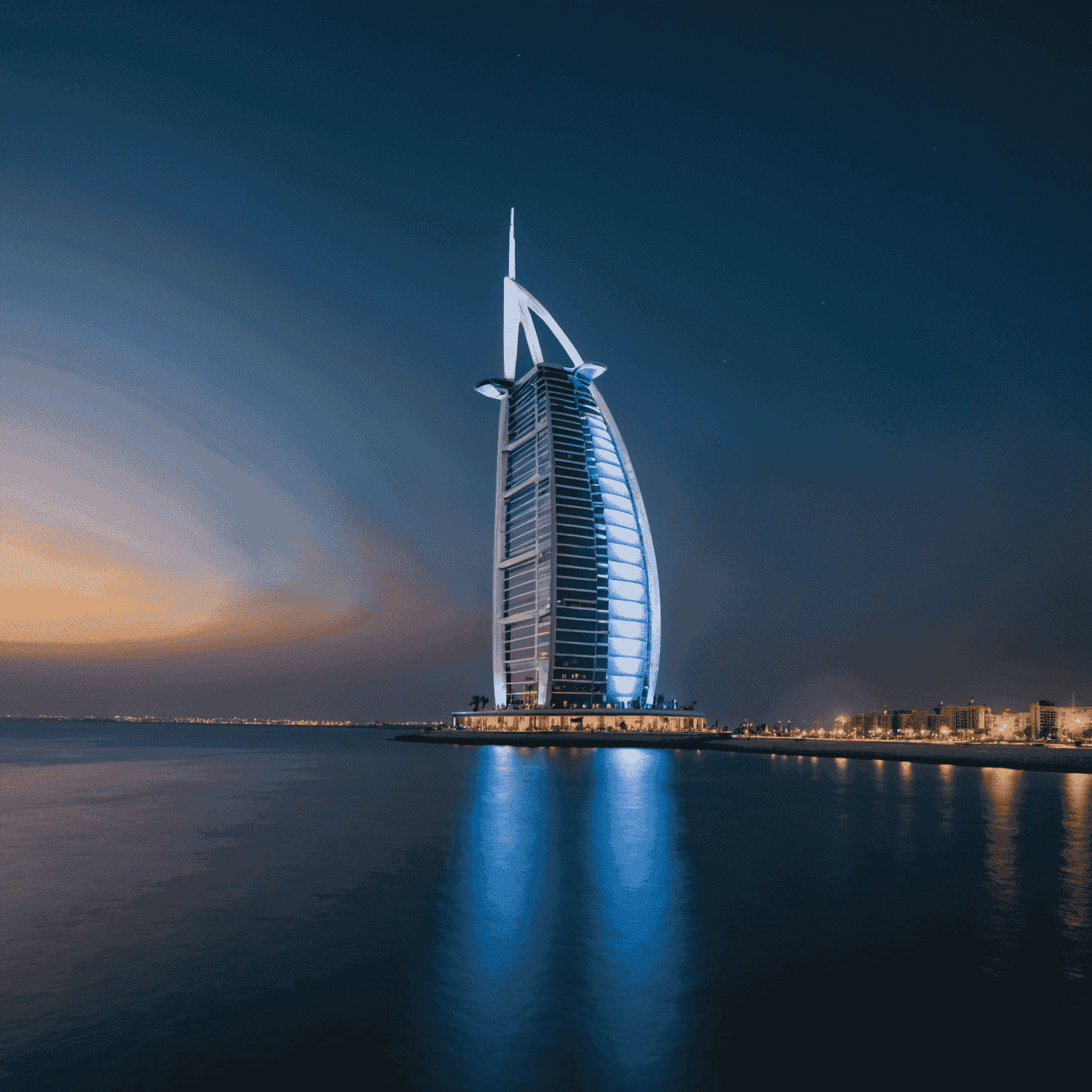 The iconic sail-shaped Burj Al Arab hotel at night, illuminated against the Dubai skyline with the sea in the foreground.
