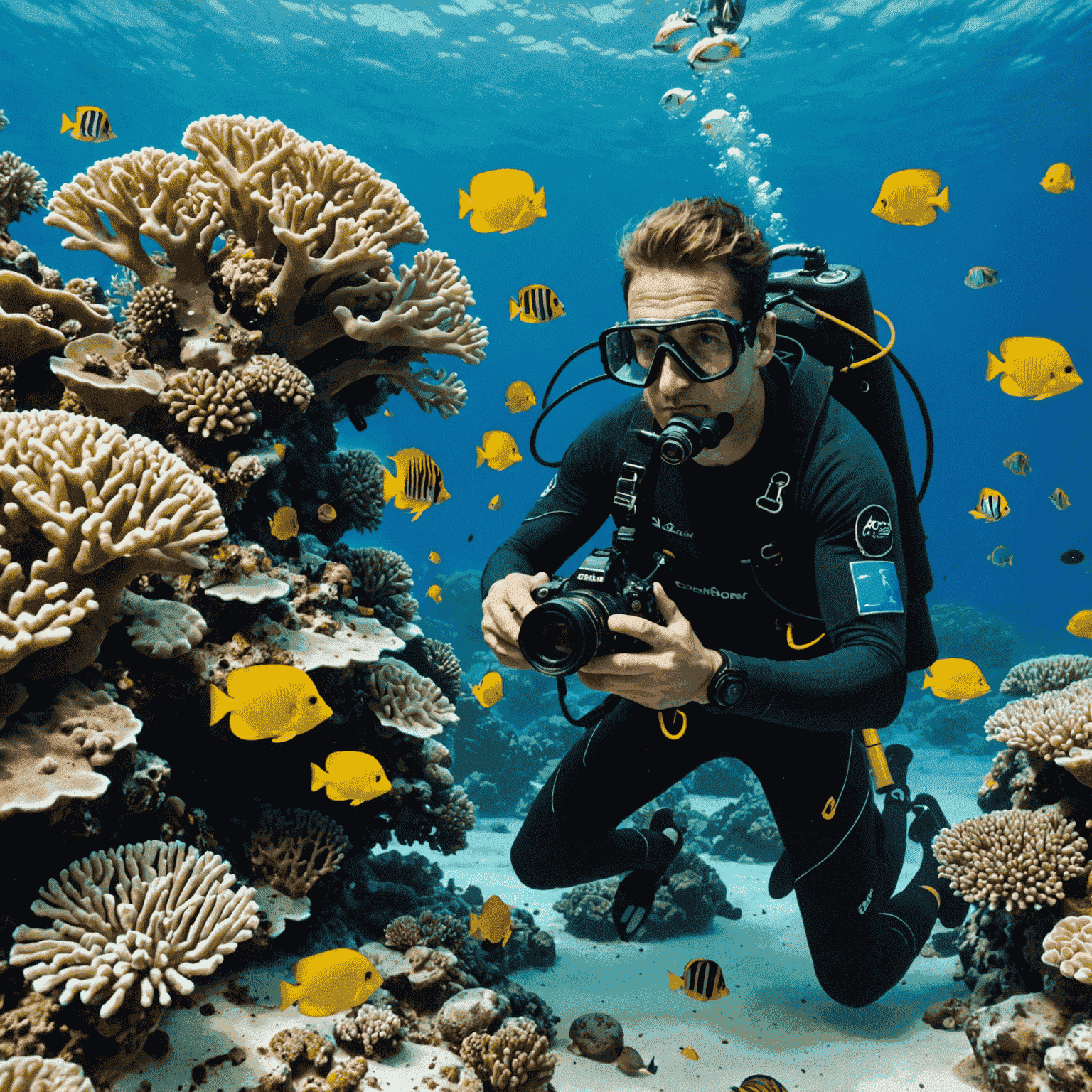 Underwater photographer capturing images of colorful coral and exotic fish species in the clear waters off the UAE coast