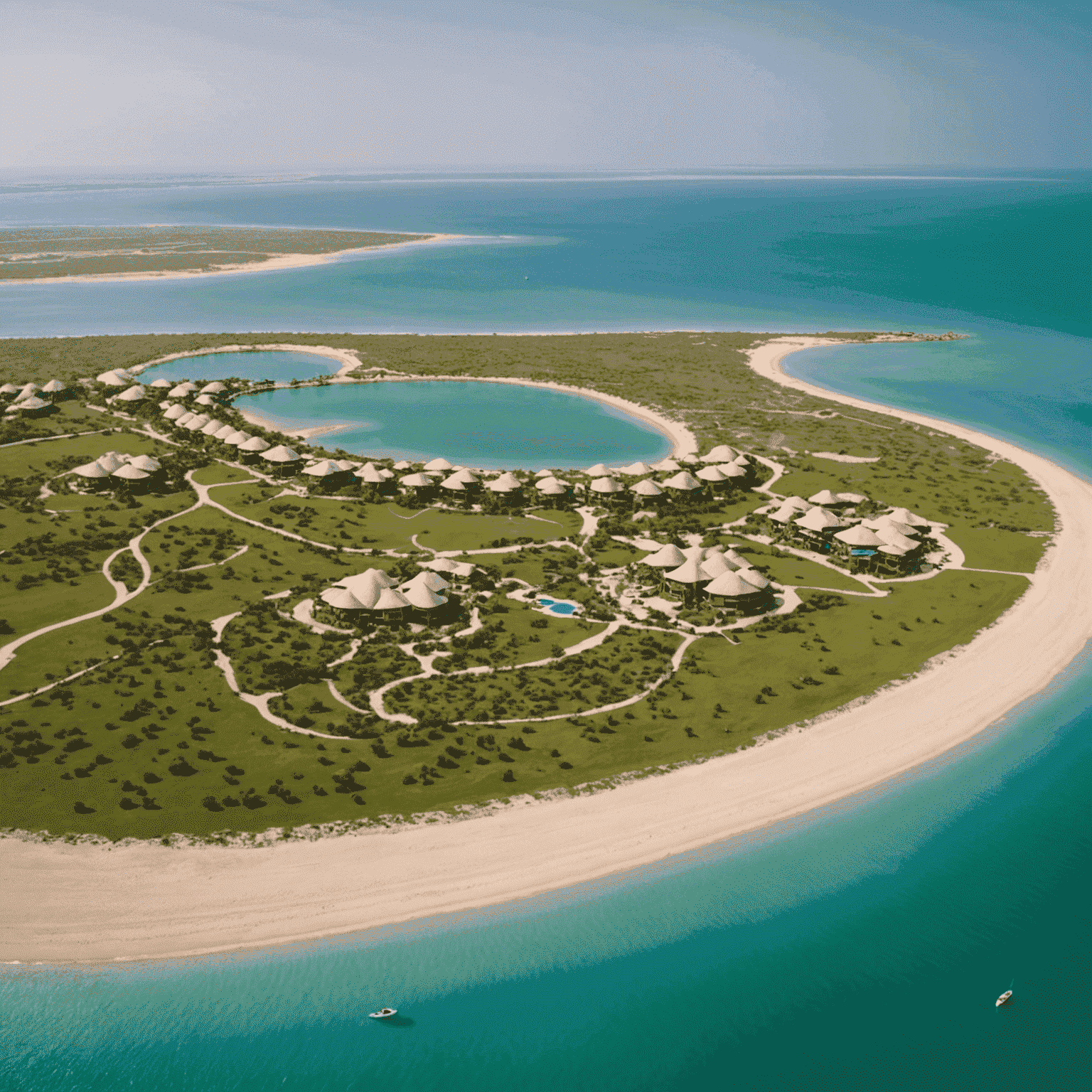 Aerial view of Sir Bani Yas Island, showcasing its wildlife reserve, luxurious resorts, and pristine beaches.